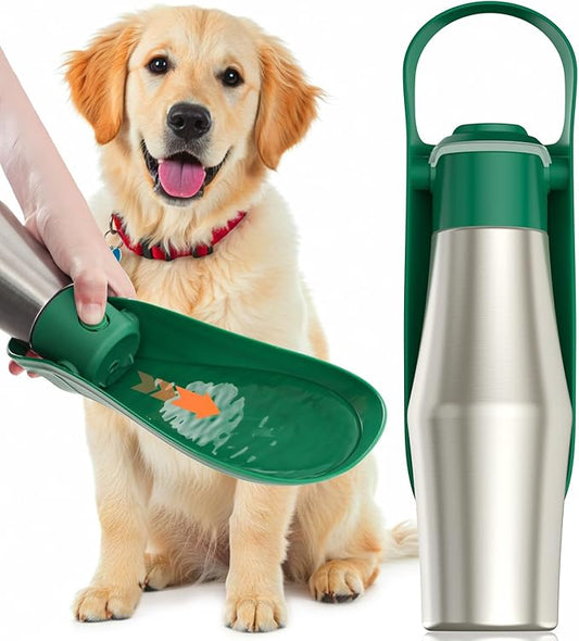 Portable Dog Water Bottle Bowl - 27 oz Travel Water Bowl Dispenser for Dogs, Stainless Steel Leak-Proof, A Must-Have for Outdoor, Camping, Walking, Beach, Hunting and Other Scenes (Green)