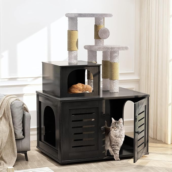 Cat Litter Box Enclosure with Cat Tree Tower 2-in-1 Hidden Pet Washroom Furniture with Scratching Post and Soft Plush Perch Platform Wooden Cat House Divided Condo for Indoor Large Cats Black