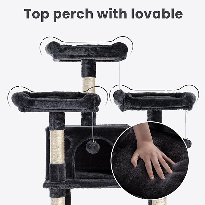 SHA CERLIN 68 Inches Multi-Level Large Cat Tree for Large Kitties/Big Cat Tower with Condo/Cozy Plush Pussycat Perches/Sisal Scratching Posts and Hammocks/Activity Center/Dark Grey