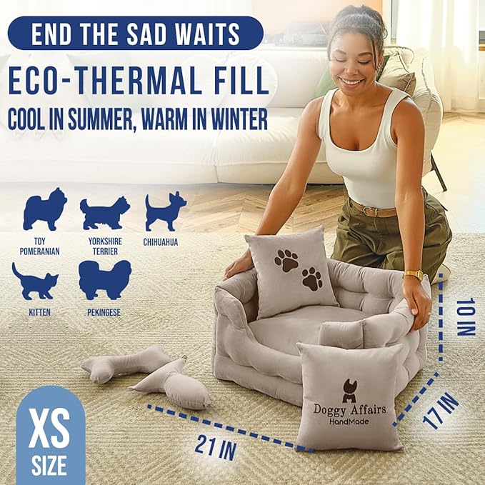 Luxury Dog Bed Chesterfield – Handcrafted Velvet Throne for Dogs | Joint Support, Calming & Temp-Regulating Comfort | Durable 5+ Years, Anti-Claw, Washable 100+ Times –Ivory, Size: XS