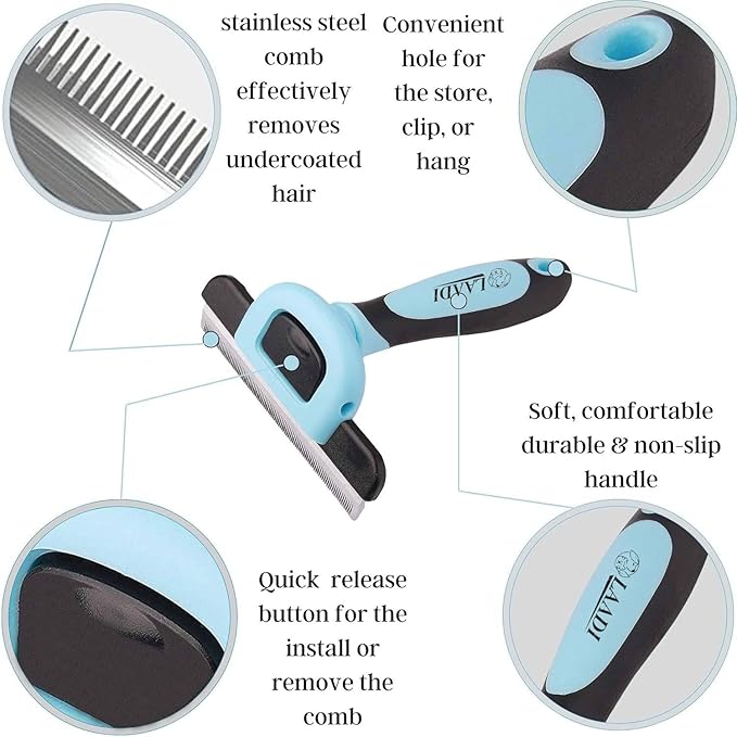 LAADI Deshedding Tool for Dogs and Cats - Reduces Shedding by Up to 95% in Less Than 10 Minutes - Professional Grooming Brush for All Hair Types - Ergonomic Design and Skin Massage Needles - Blue