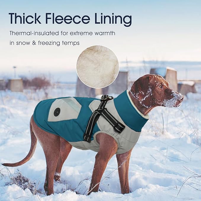 IECOii Large Dog Coat with Harness Built in Waterproof Windproof Dog Winter Coat, Fleece Lined Zip Snow Jacket for Dogs Thermal Outdoor Snowsuit Cold Weather Jackets Bulldog, Turquoise Green,L