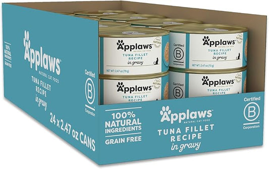 Applaws Natural Wet Cat Food, Made with Limited and Natural Ingredients, High Protein with No Artificial Additives or Fillers, Tuna Fillet in Gravy (24 x 2.47oz Cans)