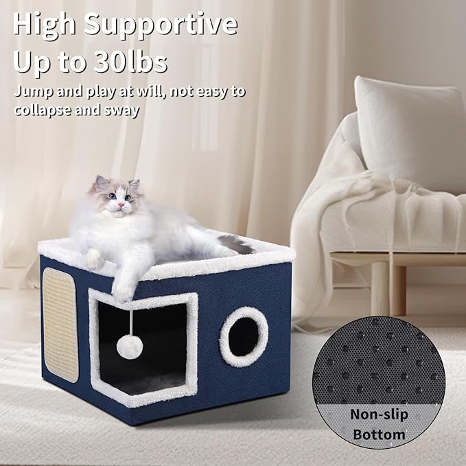 Shikha Cat Beds for Indoor Cats, Large Cat Cave with Cozy Condo, Fluffy Ball, Round Window, Foldable Indoor Cat House Hold Up to 30LBS, Cat Hideaway with Reversible Soft Cushions for All Seasons, Blue