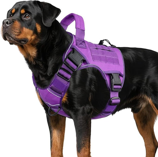 WINGOIN Purple Tactical Dog Harness for Large Dogs, Heavy Duty No Pull Dog Harness with Handle, Adjustable Reflective Military K9 Big Pet Vest for Husky, Doberman, Walking, Training, Hunting (XL)