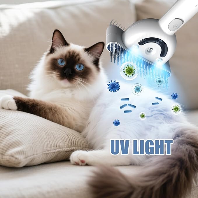 Double-Sided Pet Deshedding Dematting Comb & Steam Brush with 2 Spray Levels, Extra-Wide Detangling Undercoat Rake for Long-Hair Dogs & Cats Matted Fur, Knots, Rechargeable Grooming & Massage Tool