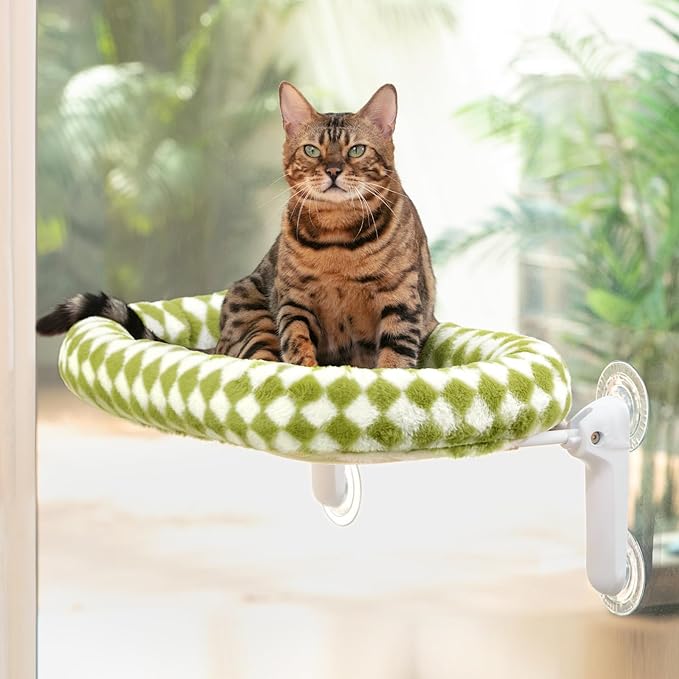 Sunhoo Cat Window Perch Bed Foldable Kitty Windowsill Hammock Shelf Seat Large Cats Suction Cup Indoor Kitten Window Sill Lounger with Soft Plush Cushion Machine Washable 21.26 * 11.8in (Green, M)