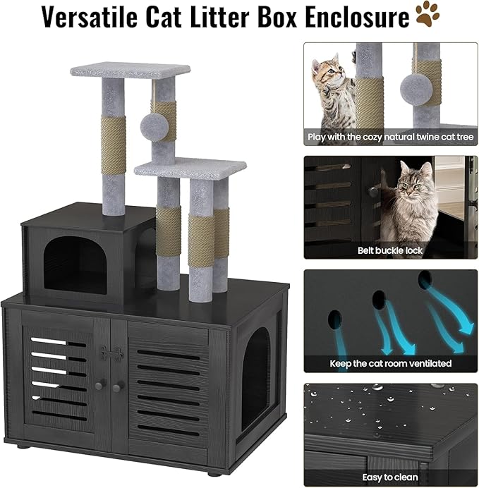 Cat Litter Box Enclosure with Cat Tree Tower 2-in-1 Hidden Pet Washroom Furniture with Scratching Post and Soft Plush Perch Platform Wooden Cat House Divided Condo for Indoor Large Cats Black