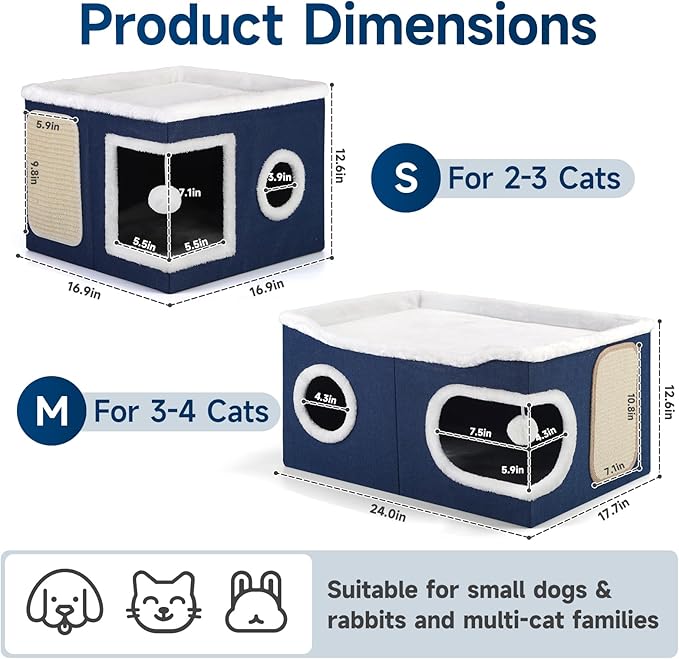 Shikha Cat Beds for Indoor Cats, Extra Wide Cat Cube House for Multi Cats, Foldable Cat Cave Hideaway with Arc-Edge Design & Oval Door, Reversible Cushion for All Seasons, 24"L x 17.7"D x 12.6"H, Blue