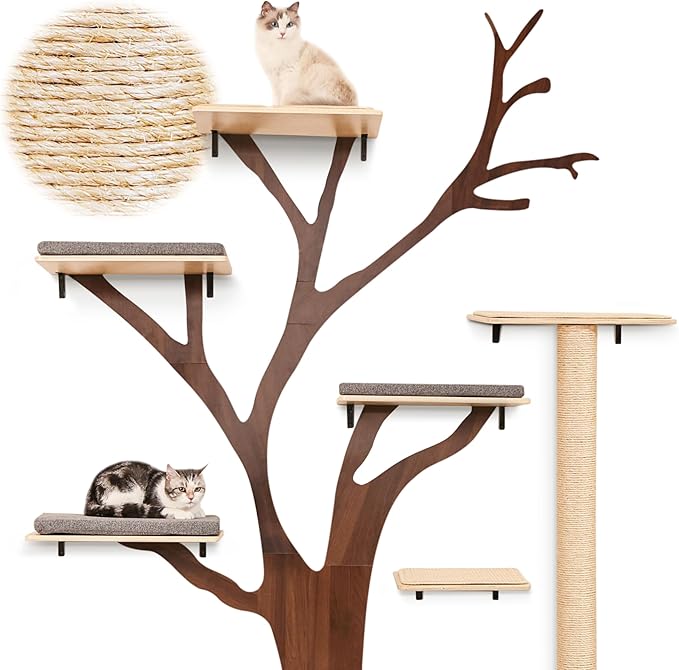 Modern Wall-Mounted Cat Tree for Large Cats – Luxury Wooden Cat Shelves with Wide Anti-Slip Platforms, Designer Cat Furniture for Indoor Wall Climbing – Space Saving Aesthetic
