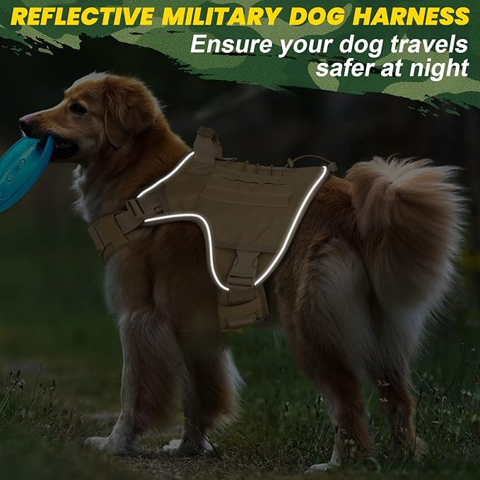 WINGOIN Tactical Dog Harness for Large Dogs, Heavy Duty No Pull Dog Harness with Handle, Adjustable Reflective Military K9 Big Pet Vest for Husky, Doberman, Walking, Training, Hunting, Khaki (XL)
