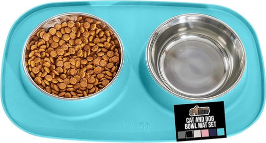 GORILLA GRIP Feeding Mat Set, Patent Pending 100% Waterproof BPA Free Silicone, Stainless Steel Cat and Dog Bowls, Slip Resistant, Edges Catch Water, Food, US Designed Pet Accessories, 1 Cup Turquoise