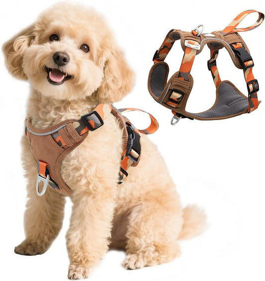 No Pull Dog Harness with Front & Back D-Rings,Water-Repellent 600D Oxford Fabric for Hiking,Training,Walking,Reflective Adjustable Vest,Lightweight Hardware Fit for Small Sized Dogs,Camo Orange XS