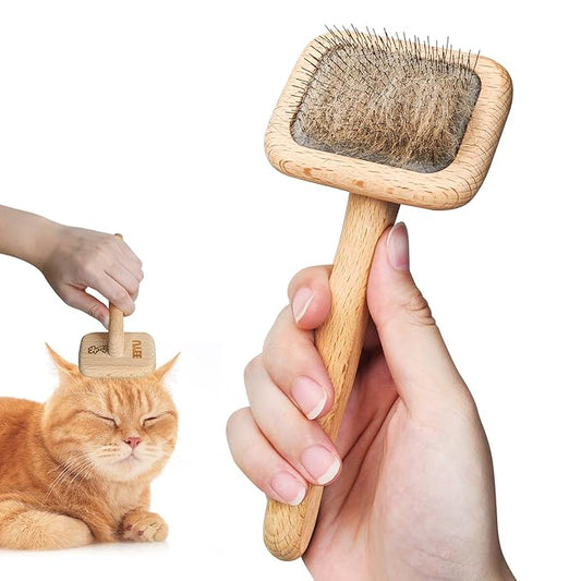 UTEE Slicker Brush for Cats & Puppies (British Shorthair, Siamese, Chihuahuas, Pomeranians, Toy Poodle Puppies) — Gentle Grooming Tool with Curved Steel Pins & Ergonomic Beech Wood Handle