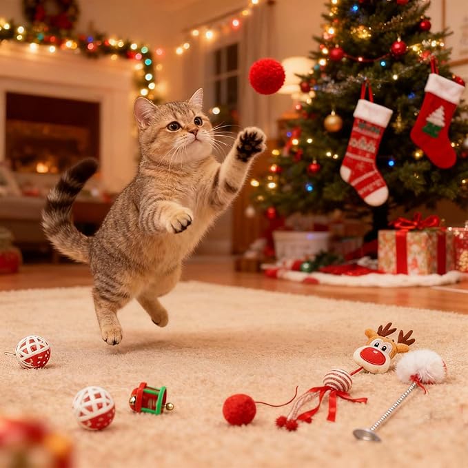 8PCS Christmas Cat Toys, Cat Christmas Stocking Toy Set for Indoor Cats & Kittens, Includes Santa, Reindeer, Balls and Spring Toy, Interactive Cat Chew Toy, Holiday Fun and Active Play