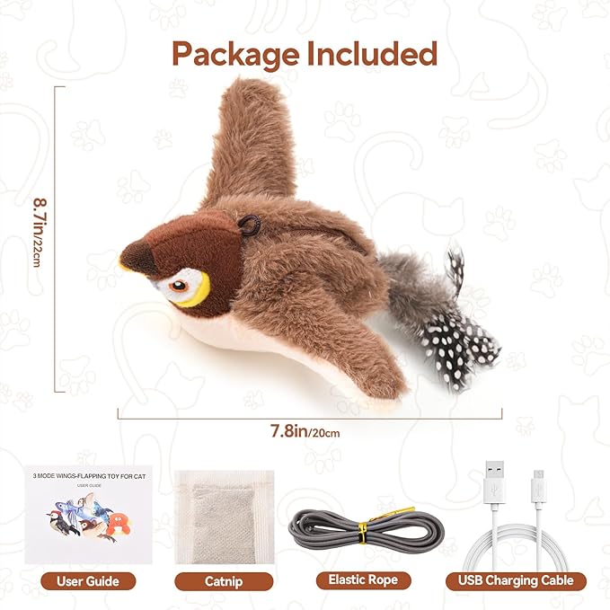 AUSCAT Flappy Bird Cat Toy, Simulated Chirping Bird Cat Toy Flapping Wings, Rechargeable,Interactive Catnip Toys for Indoor Kittens (No Flying)