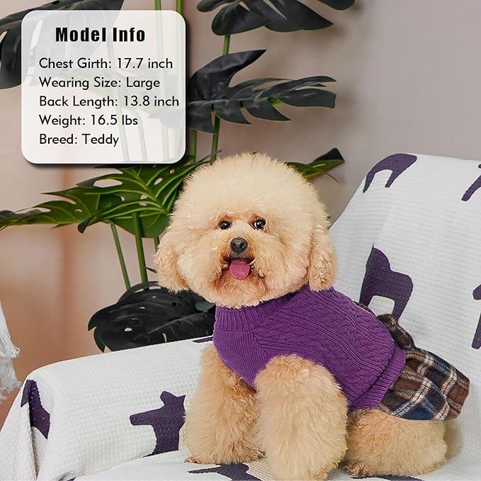 KYEESE Dog Sweater Stretchy Cat Sweaters Warm Pullover Pet Coats Thick Dogs Clothes with Bowtie Comfy Knitwear Dog Sweaters for Small Dogs Girl Soft Turtleneck Pet Sweater Dress, Purple, Large
