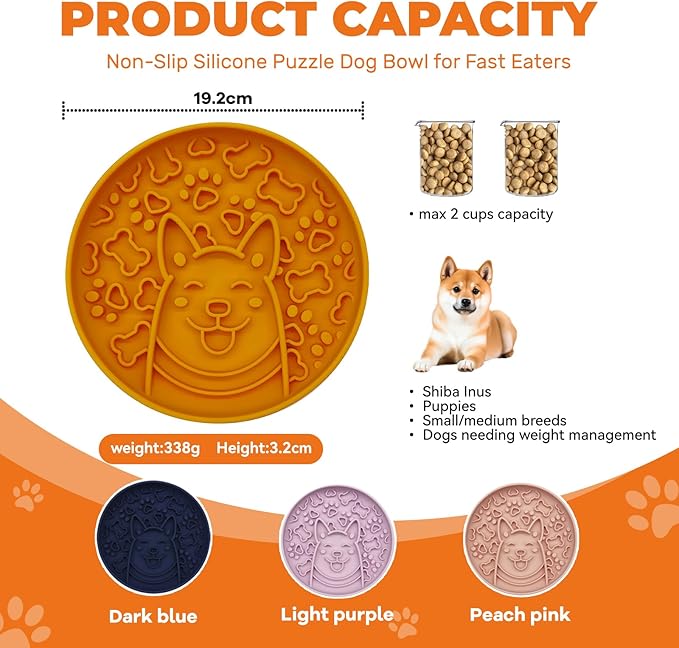 Slow Feeder Bowl Dog, Pet Food Mat with Non-Slip Silicone Base, for Fast Eaters Healty Eating,Easy Clean Dishwasher Safe,for Small Medium Dogs Cats.(Light Purple)