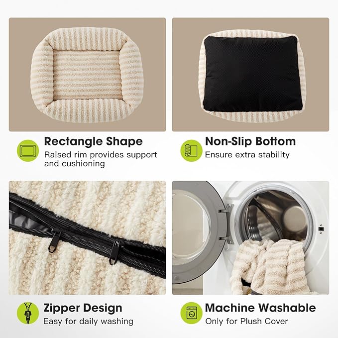 MIXJOY Small Dog Beds for Small Dogs, Washable Dog Bed with Removable Cover, Rectangle Calming Pet Beds, Warming Soft Sleeping Puppy Bed with Non-Slip Bottom, 20"x19"x6", White