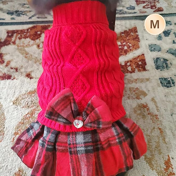 KYEESE Dog Sweater Stretchy Cat Sweaters Warm Pullover Pet Coats Thick Dogs Clothes with Bowtie Soft Turtleneck Pet Sweater Dress Comfy Knitwear Dog Sweaters for Small Dogs Girl, Red, Medium