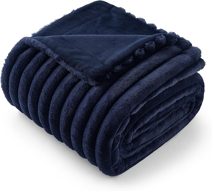 Amélie Home Faux Fur Throw Blanket for Couch, Cozy Fuzzy Fluffy Fur Luxurious Soft Striped Plush Gift Blankets for Family Sofa Chair Bedroom, 55"x70", Navy Blue