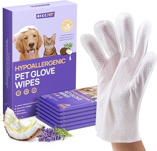 HICC PET Cleaning Deodorizing Glove Wipes for Dogs & Cats, Vet Recommended Hypoallergenic Pet Cleaning and Hydrating Glove Wipes, Nourish Fur Coconut Oil Pet Bathing Wipes for Horse Coat Care