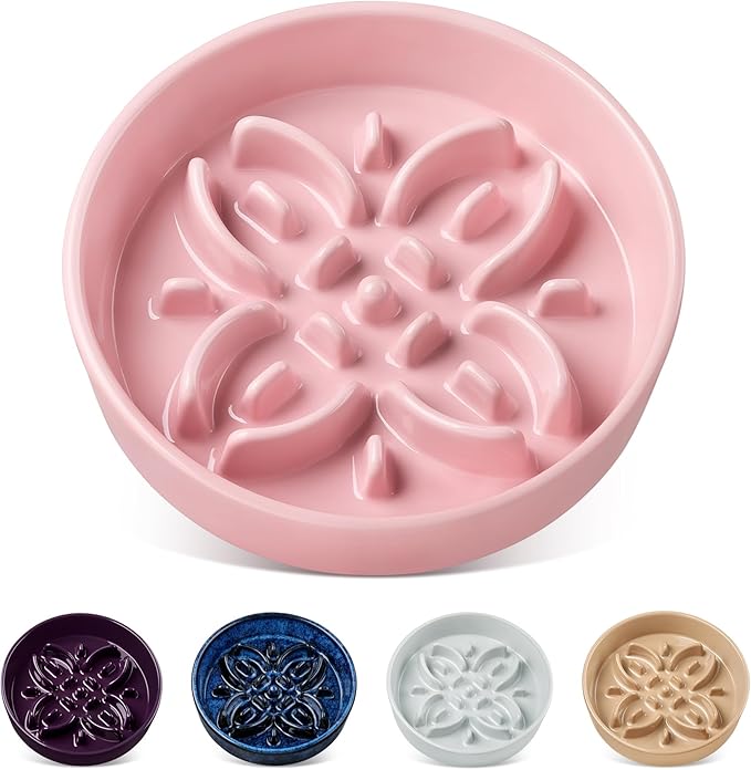 vancasso Ceramic Slow Feeder Dog Bowls, Puzzle Dog Food Bowls with Floral Maze, Anti -Slip Pet Food Dish for Small Breed, 0.6 Cups, Pink