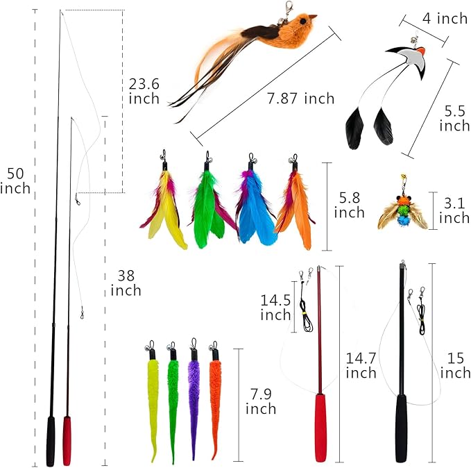 Interactive Cat Wand Toy Set β 2 Retractable Wands (38" & 50") with 11 Refills Attachments β Feather Toys, Plush Bird, Worms, Insect & Swallow β Cat Teaser Toys for Indoor Cats & Kittens