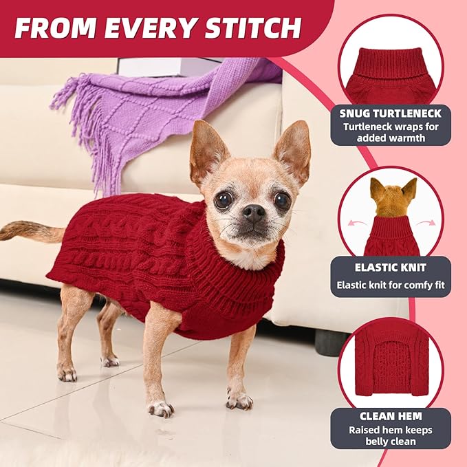 2 Pack Dog Sweaters for Small Dogs Turtleneck Pullover Cable Knit Puppy Stretch Clothes Chihuahua Yorkie Pomeranian Toy Poodle Boy Girl Pets Winter Doggie Clothes (XS, Red & Green)