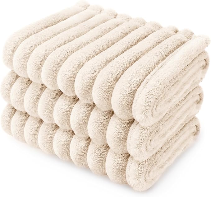 LINENLUX 1 Pack 3 Soft Fleece Dog Blanket for Pet Washable Warm Cat Puppy Fluffy Calming Flannel Beige Medium