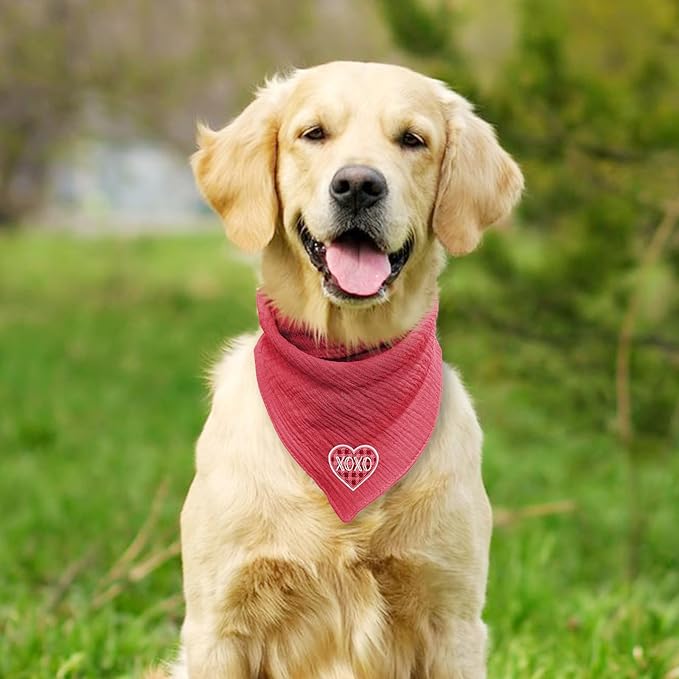Adjustable Cotton Bandana - Heart Solid Color Embroidered Scarf for Large Dogs with Button Fastening,Wine Red,Large