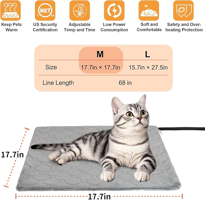 Pet Heating Pad for Cats & Dogs Indoor Outdoor, Warming Cat Heating Pad with Chew Resistant Cord, Adjustable Temperature & Time, Heated Cat Bed Mat Waterproof for Cats Small Dogs, 17.7'' × 17.7''