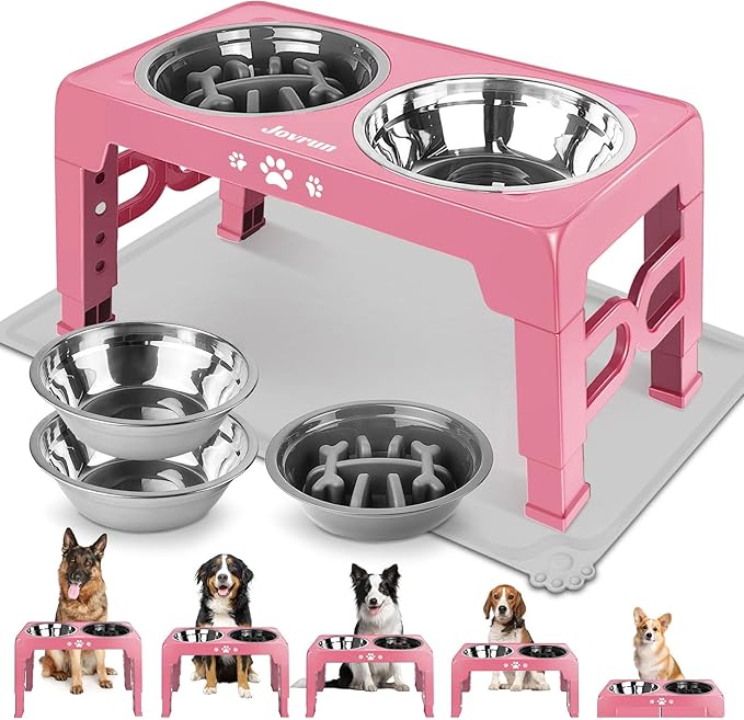 Elevated Dog Bowls, Dog Feeder with 2 Stainless Steel Dishes &1 Slow Feeder Bowl, 5 Heights Adjustable Raised Stand for Medium Large, Food Dishes with Non-Slip Feet
