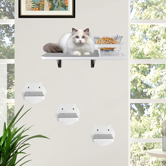 Y&ME YM Cat Wall Shelves, Cat Shelves and Perches for Wall, Cat Shelves Wall Mount, Cat Wall Furniture with 3 Cat Wall Steps, Cat Climbing Shelf Cat Scratch Post, Cat Wall Shelf with 2 Cat Food Shelf