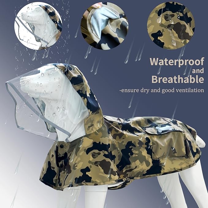 Waterproof Dog Raincoat, Adjustable Reflective Lightweight Pet Rain Clothes with Poncho Hood(X-Small,Camo)