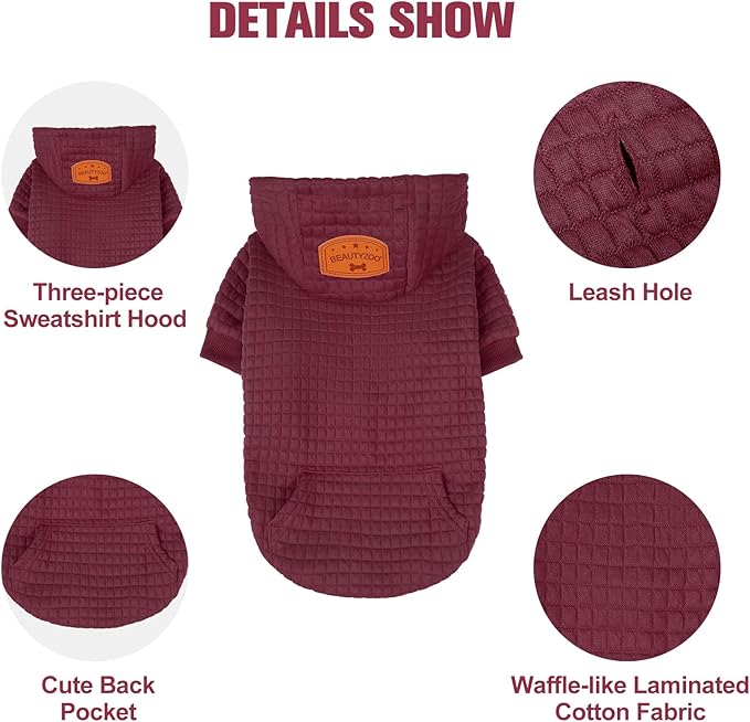 BEAUTYZOO Medium Dog Hoodie Sweater with Pockets, Dog Clothes for Small Medium Dogs Boy Girl, Waffle-Like Laminated Cotton Pet Coats with Hat and Leash Hole, Wine Red XL