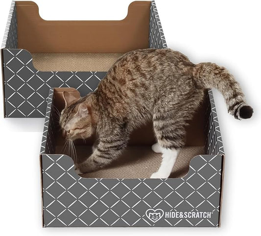 HIDE & SCRATCH Cat Scratcher Box and Cat Bed with Refillable Double-Sided Cardboard Scratch Pad for Indoor Cats (2 Cat Pack)