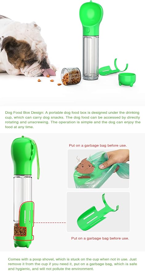 Portable Dog Bottle with Food Container,Leakproof,Poop Waste Bags Inside and Trash Shovel Design,Pet Travel Water Bowl,Essential Necessities for Dog Walking and Hiking Outdoor,Green(16.9OZ)
