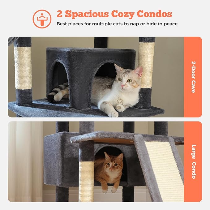 81 Inch Tall Cat Tree for Indoor Cats Large Adult - Multi-Level Cat Tower with Large Metal Frame Hammock, 2-in-1 Scratching Ramp, 2 Top Perches, 2 Cozy Condos & 6 Scratching Posts - Dark Grey