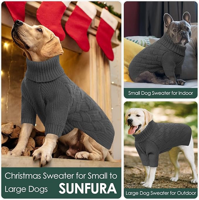 SUNFURA Dog Sweater, Medium Dog Sweaters Doggie Pullover for Fall Winter, Fleece Pet Christmas Sweaters for Holiday, Warm Turtleneck Knitwear for French Bulldog, Boston Terrier, Grey M