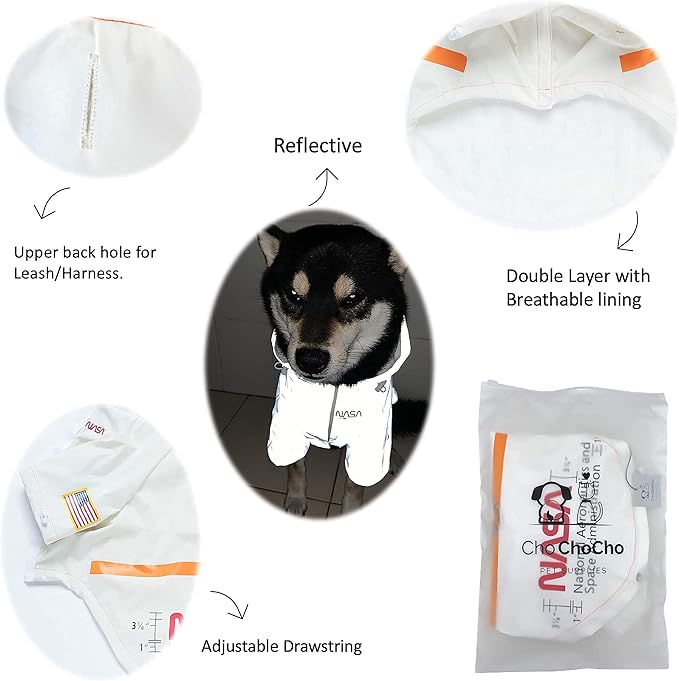 ChoChoCho NASA Raincoats, Reflective Rain Jacket Waterproof, Dog Costume, Cat Puppy Stylish Streetwear Outfit for Dogs (White, 5XL)