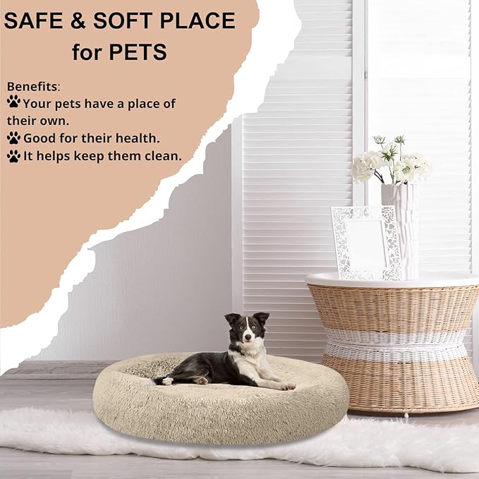 SAVFOX Plush Calming Donut Dog Beds for Small Dogs, Medium, Large & X-Large Breeds, Comfy Cuddler Dog Bed and Cat Bed in Faux Fur, Washable, Multiple Sizes S-XXL