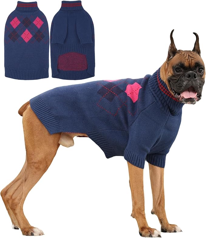 XXXXL Boy Dog Sweater, Dog Sweaters for Extra Large Dogs Boy, Winter Warm Pullover, Turtleneck Knit Dog Christmas Sweater with Sleeves, Soft Stretchy Knitwear for Cold Weather, Holidays - Blue