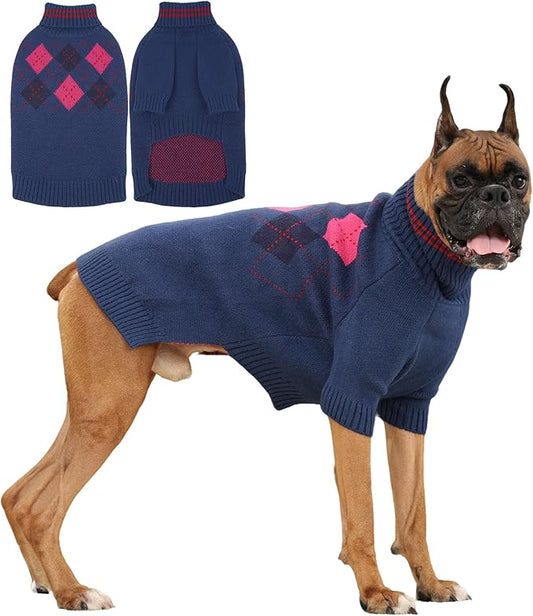 XXXXL Boy Dog Sweater, Dog Sweaters for Extra Large Dogs Boy, Winter Warm Pullover, Turtleneck Knit Dog Christmas Sweater with Sleeves, Soft Stretchy Knitwear for Cold Weather, Holidays - Blue