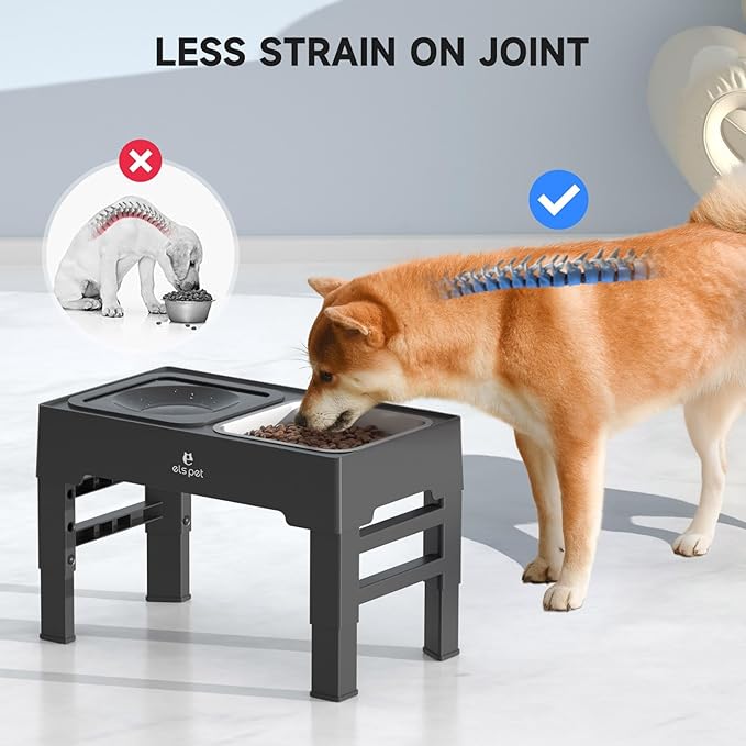 ELS PET Elevated Dog Bowls, Adjustable Raised Dog Bowls with No Spill Dog Water Bowl and Stainless Steel/Slow Feeder, for Small Medium Large Dogs,Cats & Pets (Stainless Steel)