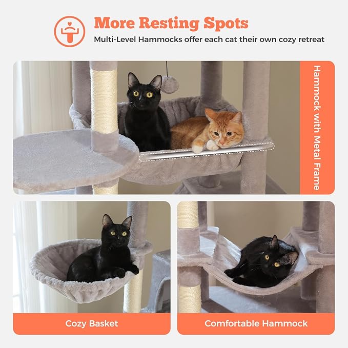 81 Inches Tall Cat Tree for Indoor Cats Large Adult - Multi-Level Cat Tower with Large Metal Frame Hammock, 2-in-1 Scratching Ramp, 2 Top Perches, 2 Cozy Condos & 6 Scratching Posts - Grey