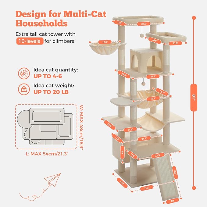 81 Inches Tall Cat Tree for Indoor Cats Large Adult - Multi-Level Cat Tower with Large Metal Frame Hammock, 2-in-1 Scratching Ramp, 2 Top Perches, 2 Cozy Condos & 6 Scratching Posts - Beige