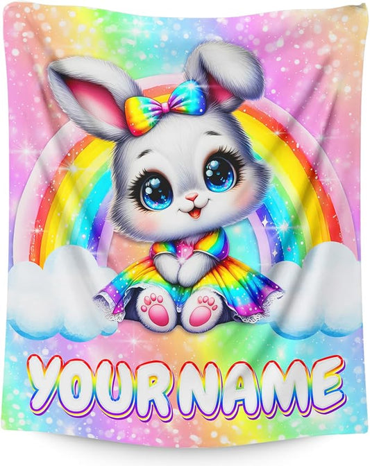 Girls Rabbit Blanket Gift Personalized Throw for Toddler Kids Bunny Lovers - 40x50 Inches Soft Cozy Cute Custom Rainbow Throw Blankets for Sofa Couch Living Room Bed