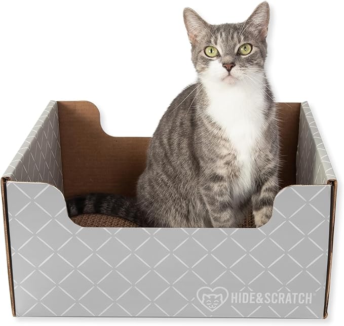 HIDE & SCRATCH Cat Scratcher Box and Cat Bed with Refillable Double-Sided Cardboard Scratch Pad for Indoor Cats