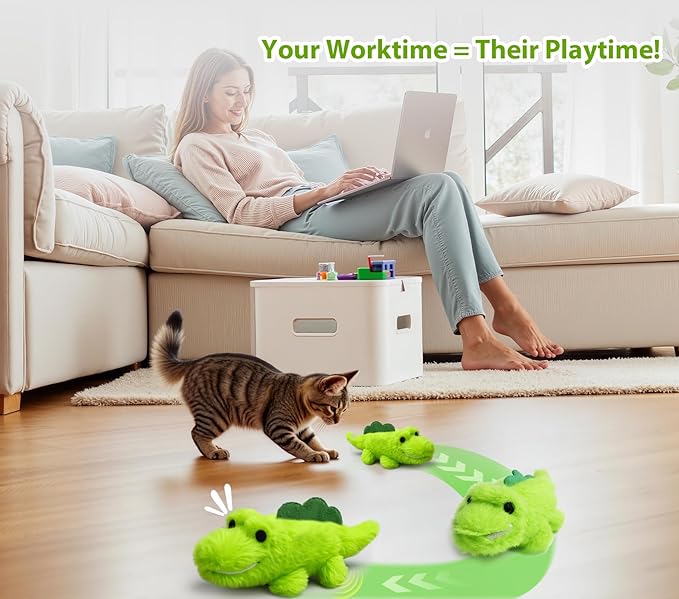 Interactive Cat Toys for Indoor Cats - Automatic Moving Cat Chase Toy for Bored Indoor Adult Cats - 360ยฐ Random Movement, Tail Wagging & Catnip Stimulation - Electric Croc(Long Plush)